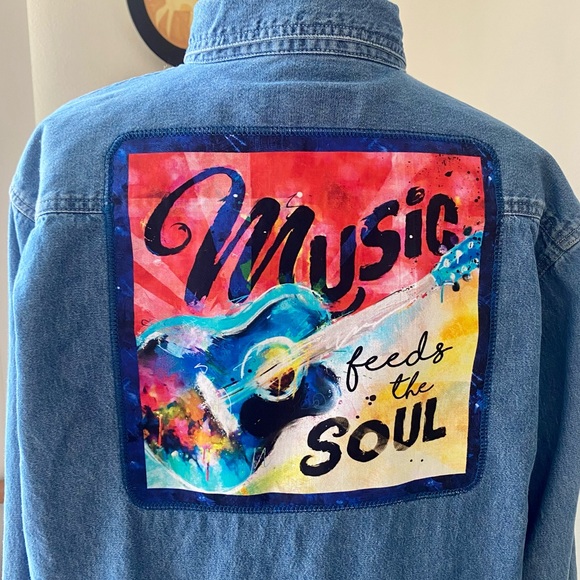 Custom Upcycled Vintage Denim Shirt W/ Music Feeds The Soul Embroidered Patch - Picture 2 of 16